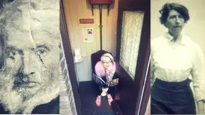 Montage of Tommy Carlyle slashed portrait. Bird sitting on the toilet in Carlyle House. Margaret Gibb Suffragette