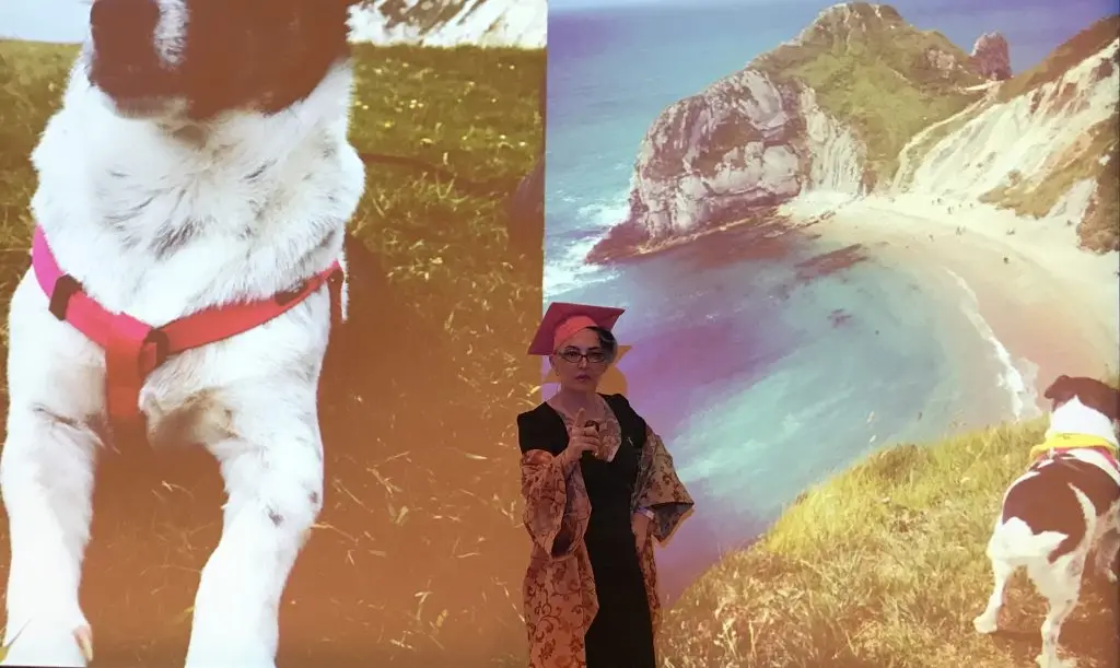 Bird in academic drag standing in front of large project of her dog Trixie walking on the cliffs of Dorset