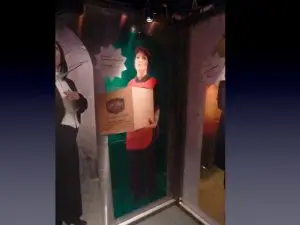 The main figure in this image is Bird dressed a a supermarket shelf stacker. She's wearing a cap, red tabard and black workshirt and pants. She is carrying a cardboard box that says "Dew Valley". it looks like food packaging. There is a label showing the price of the job next to the figure. The text is small. Part of the image of Bird dressed a a conductor can also be seen.