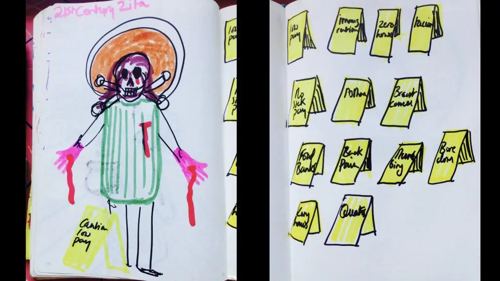 Drawing from sketch book - not very good but shows a skecth of st Zita wearing cleanin g overalls and bleeding from her washing clothes. She has a skull face like a hazard sign. There is a also a sketch of the yellow hazard signs cleaners use. They say things like Low Pay and Breast Cancer